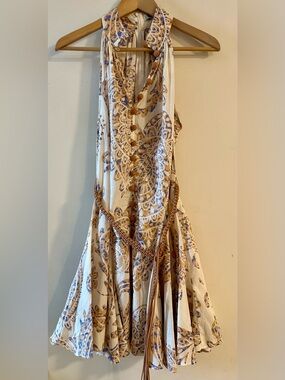 ZARA Boho Printed Mini Dress Size S Flowy Ruffle Summer Vacation Beige Button